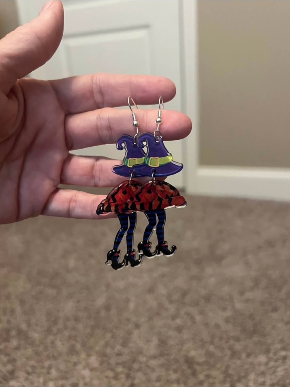Purple Witch Hat & Red Skirt Halloween Dangle Earrings